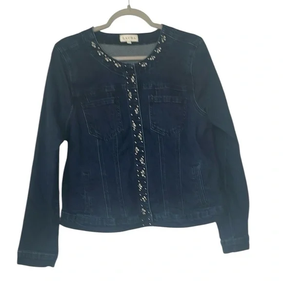 NEW! LAURA of Canada Blue Cropped Denim Jean Jacket Embellished Sequin Accents - Picture 2 of 5